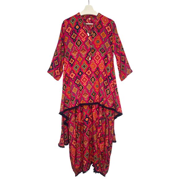 Made In India Vibrant Kaftan Kurta Tiered Cotton Maxi Dress Farm Rio Style - Picture 4 of 8
